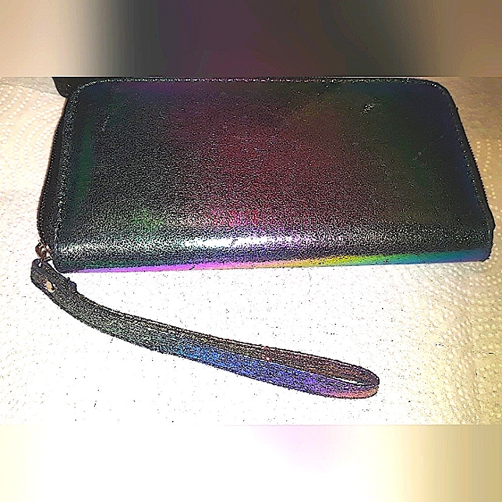 Vintage Silver Colorful Wallet Zip Close Wrist strap Iridescent gently pre loved